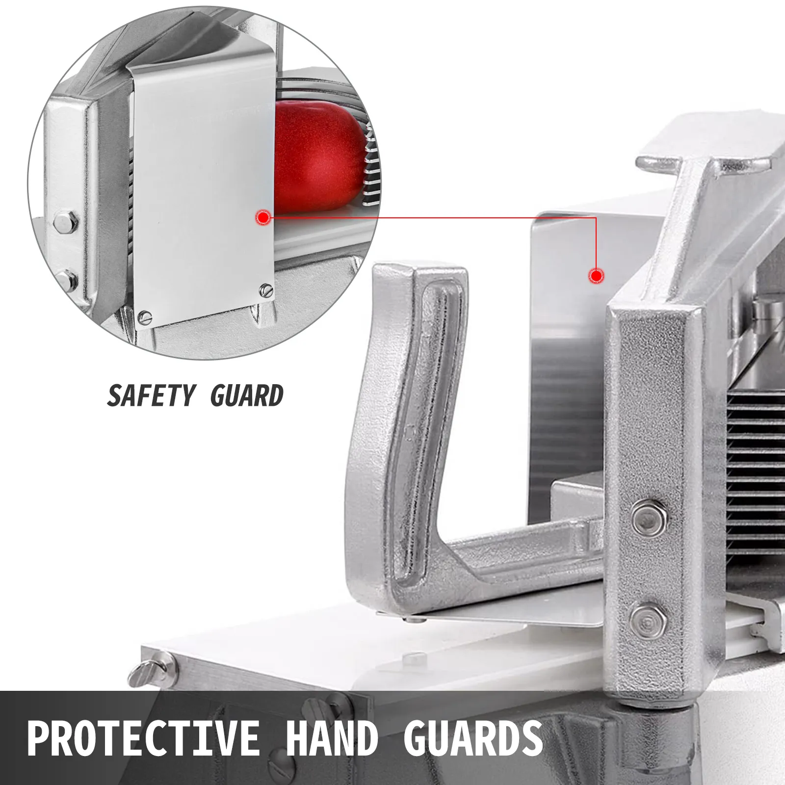 VEVOR tomato slicer with safety guard and protective hand guards.