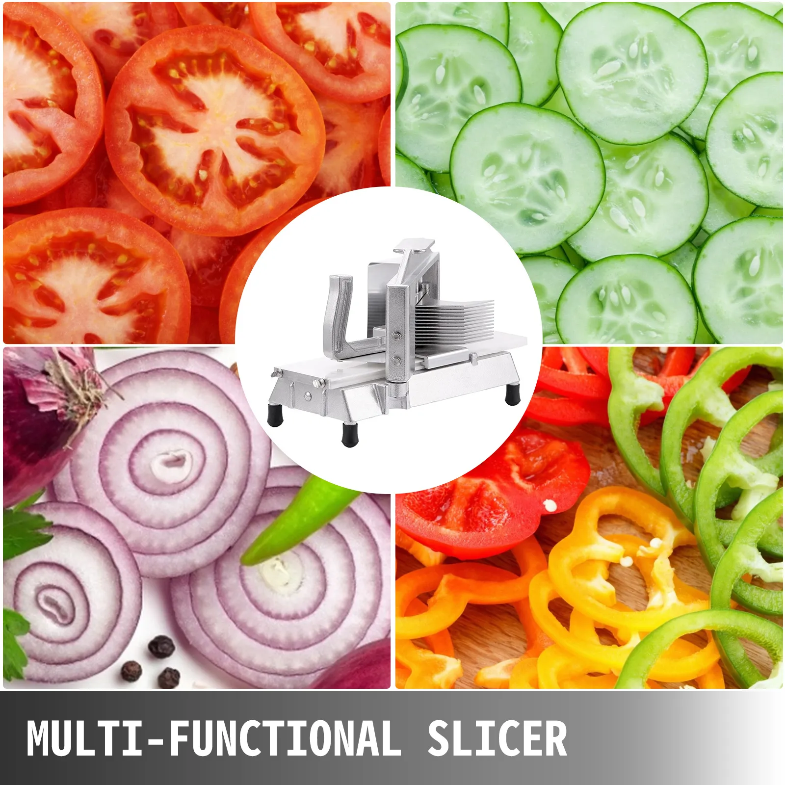 VEVOR tomato slicer with sliced tomatoes, cucumbers, onions, and bell peppers.