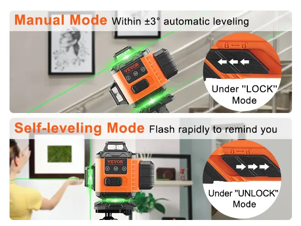 Nivel láser VEVOR de 100 pies que muestra modos manuales y autonivelantes con rayos láser verdes.