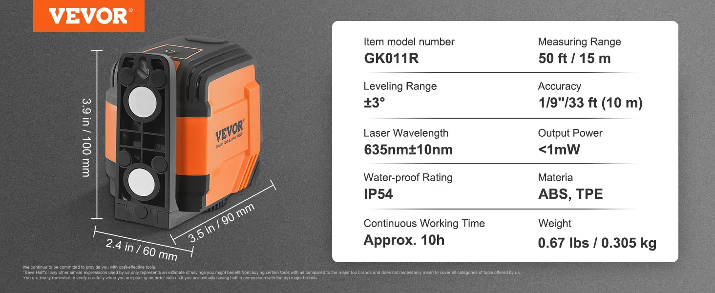 VEVOR laser level gk011r; 50 ft range, ±3° leveling, ip54 waterproof, 10h battery, 0.67 lbs.
