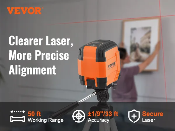 VEVOR laser level with 50 ft range and ±1/9" accuracy, ensuring precise alignment for wall hangings.