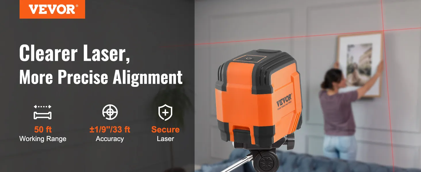 VEVOR laser level with 50 ft range and ±1/9" accuracy, ensuring precise alignment for wall hangings.