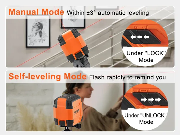 VEVOR laser level featuring manual and self-leveling modes with lock and unlock settings.