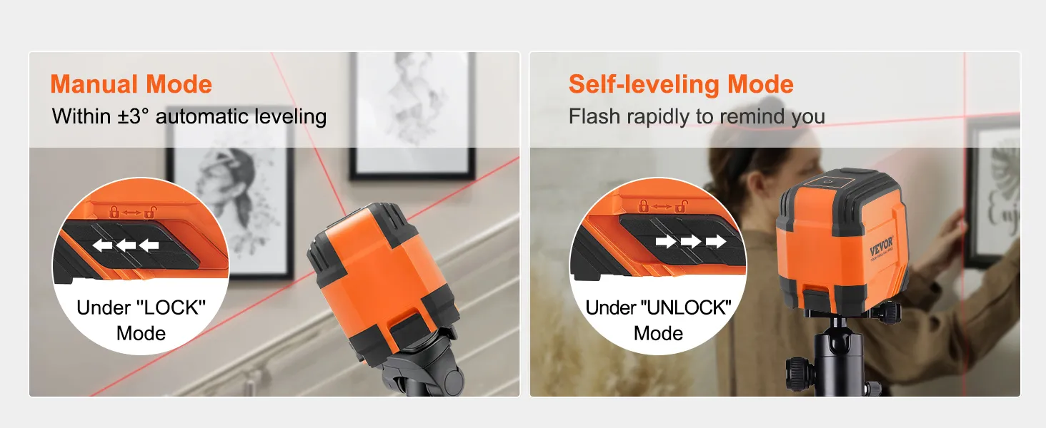 VEVOR laser level featuring manual and self-leveling modes with lock and unlock settings.