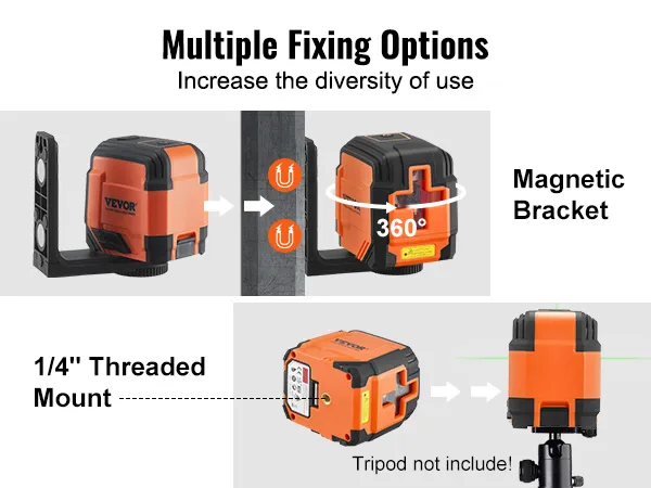 VEVOR laser level with magnetic bracket, 360° rotation, and 1/4" threaded mount options.