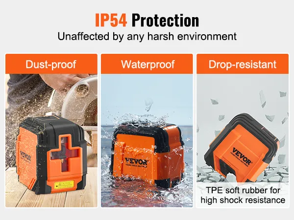 VEVOR laser level showcasing ip54 protection, dust-proof, waterproof, and drop-resistant features.