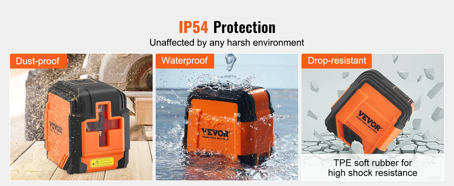 VEVOR laser level showcasing ip54 protection, dust-proof, waterproof, and drop-resistant features.