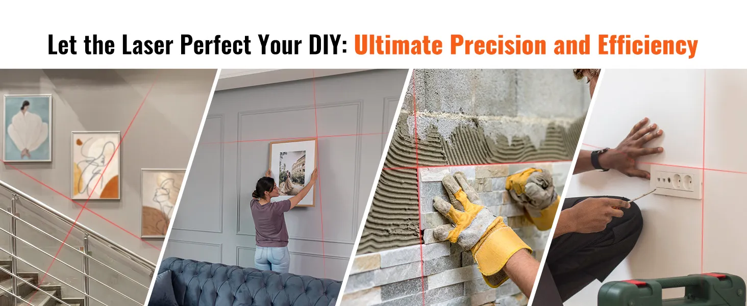 diy projects with VEVOR laser level for precise art hanging, tiling, and socket installation.