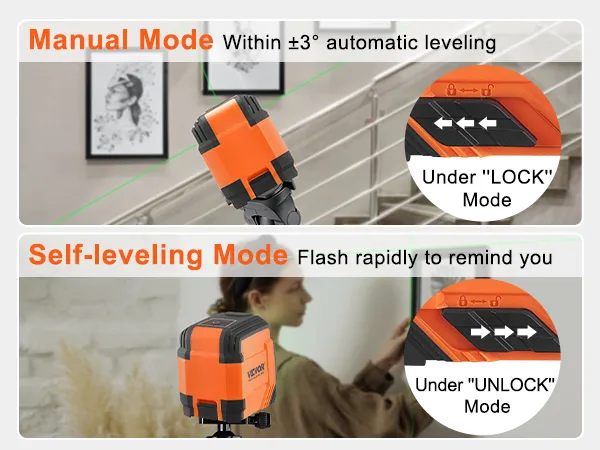 Livella laser VEVOR in modalità manuale entro ±3°, livellamento automatico e modalità autolivellante con flash rapido.
