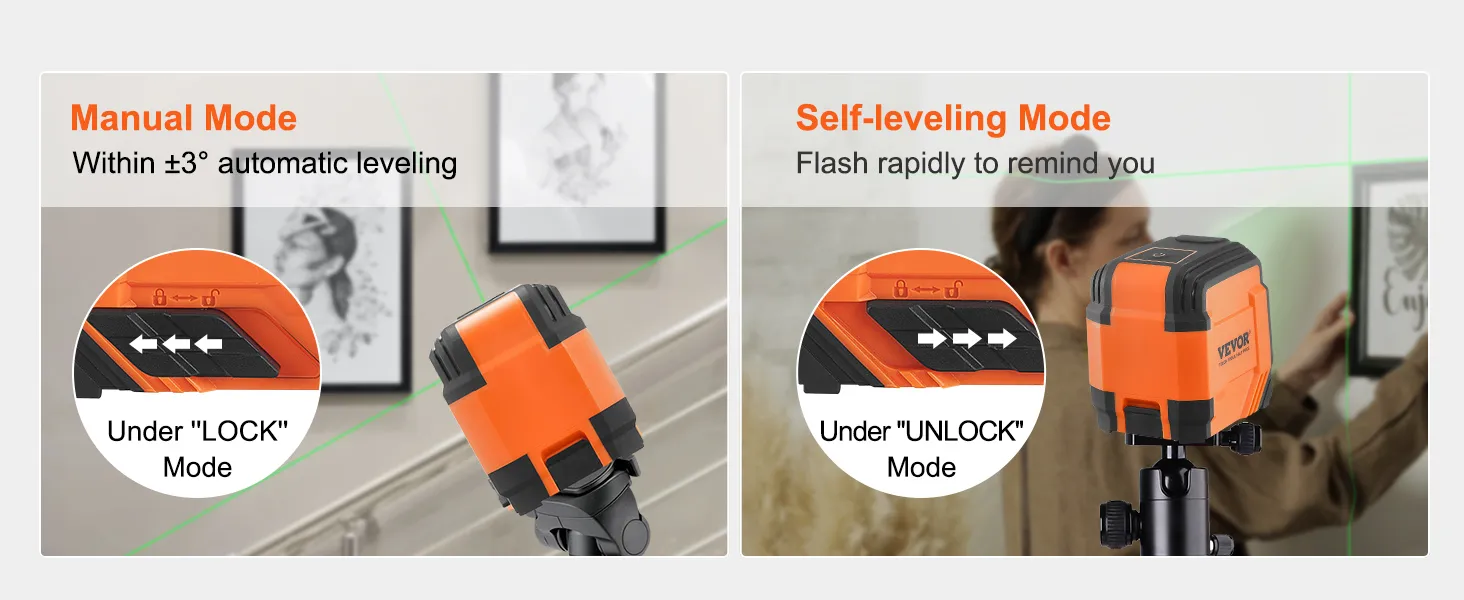 Livella laser VEVOR in modalità manuale entro ±3°, livellamento automatico e modalità autolivellante con flash rapido.