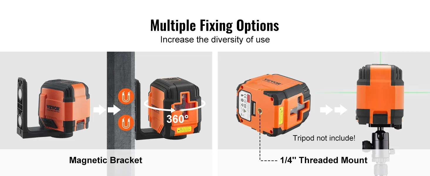 Livella laser VEVOR con staffa magnetica e attacco filettato da 1/4" per versatili opzioni di fissaggio.