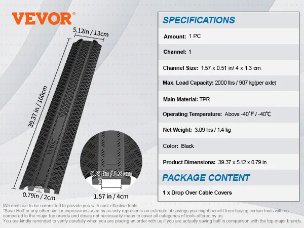 VEVOR speed bump, black, tpr, 39.37in x 5.12in x 0.79in, load capacity 2000 lbs, channel size 1.57 x 0.51 in.