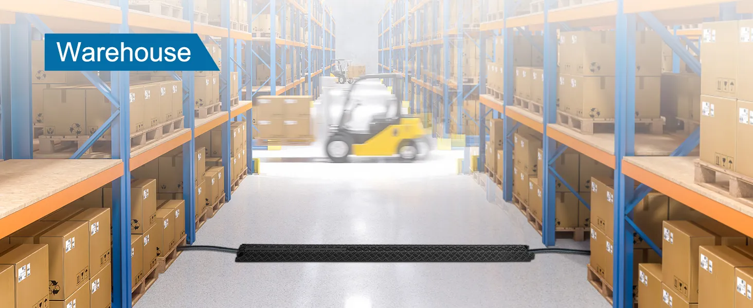 warehouse aisle with shelves of boxes and VEVOR speed bump in front of a moving yellow forklift.