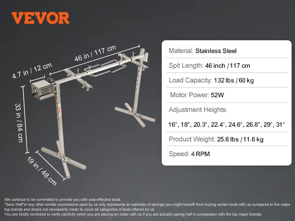 VEVOR electric bbq rotisserie kit specs: stainless steel, 132 lbs load, 52w power, 4 rpm speed, adjustable height.