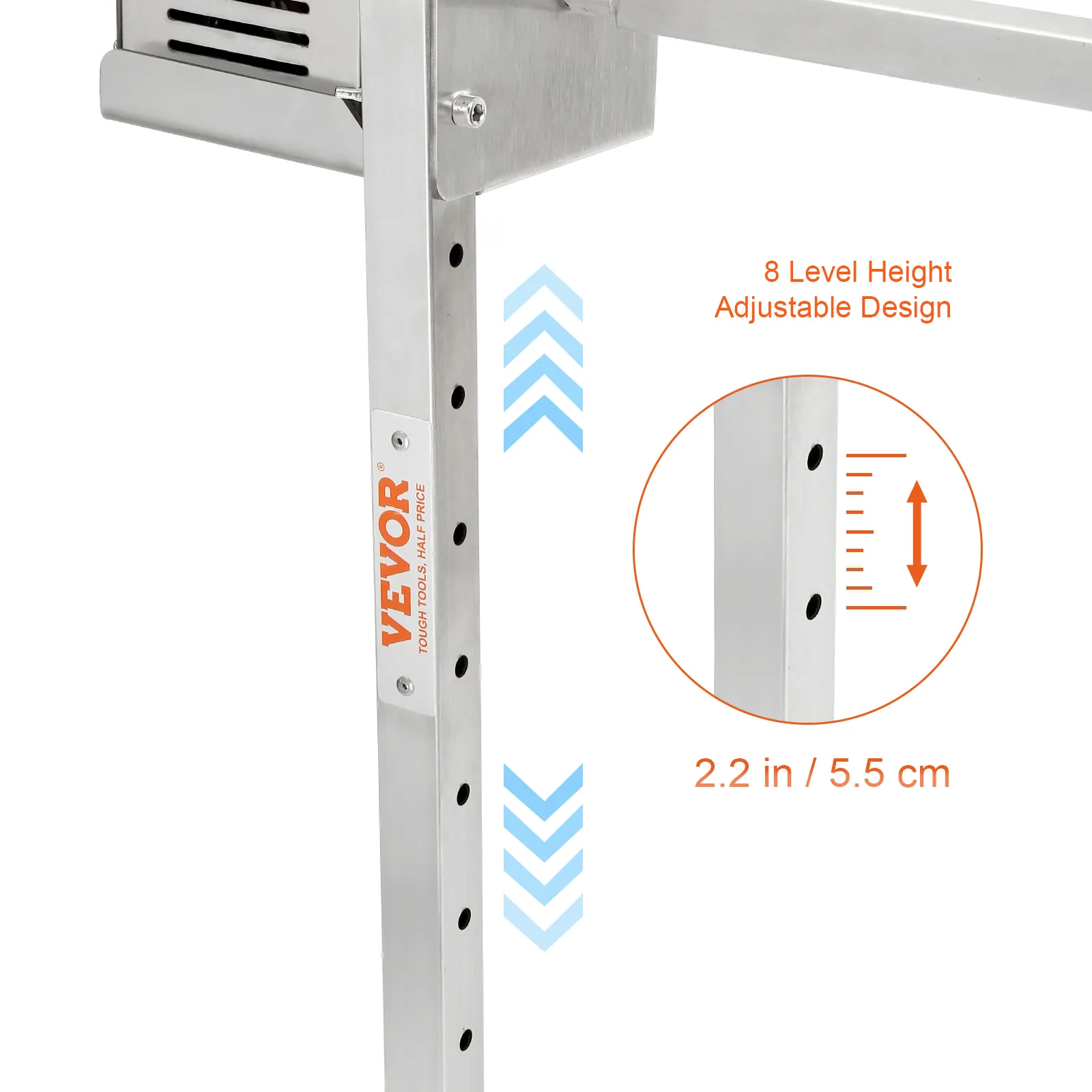 VEVOR electric bbq rotisserie kit with 8-level height adjustment, allowing for precise cooking control.