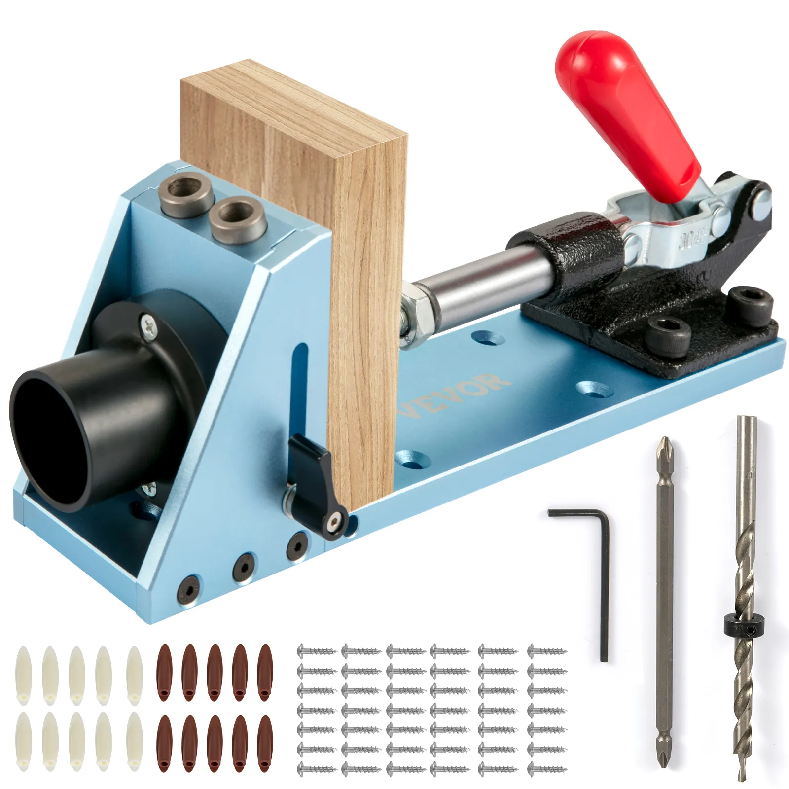 Kit de plantilla para agujeros de bolsillo VEVOR con brocas, tornillos y tacos de madera en azul y rojo.