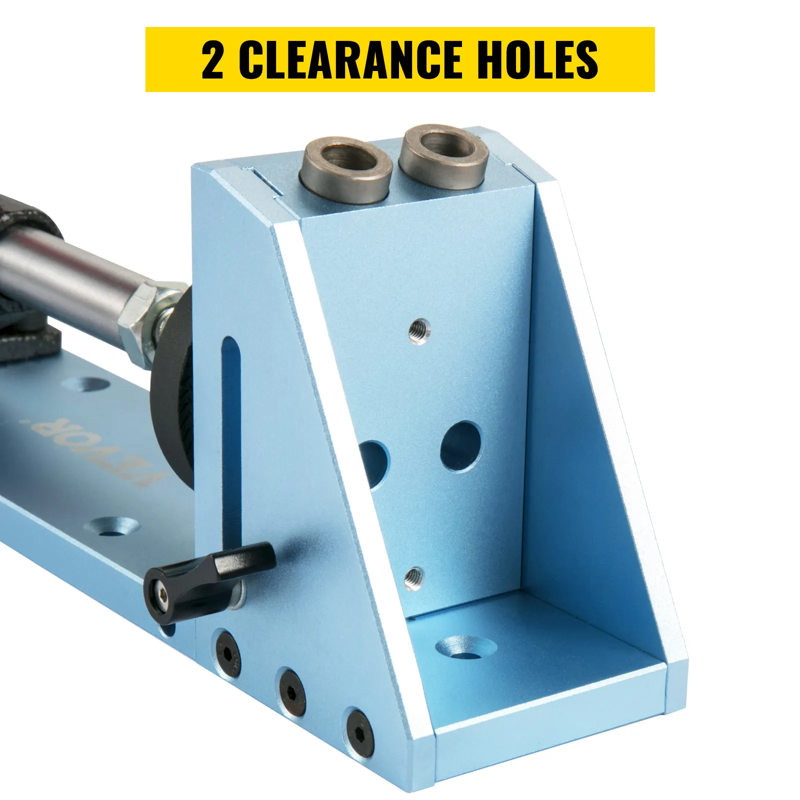 VEVOR pocket hole jig kit with 2 clearance holes in blue metal frame.