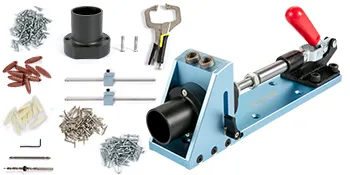 VEVOR pocket hole jig kit with clamps, screws, and accessories for woodworking.