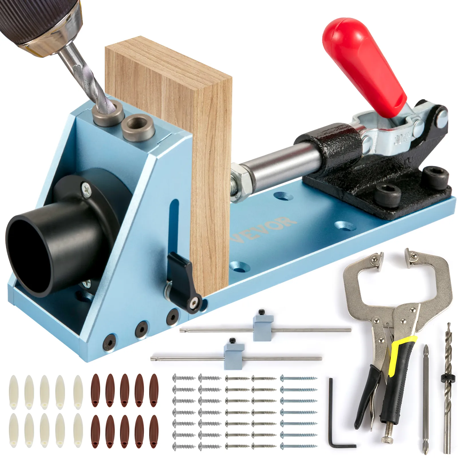 VEVOR pocket hole jig kit with drill, wood block, clamp, screws, and accessories.