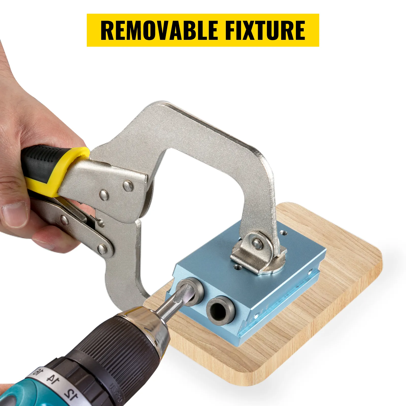 VEVOR pocket hole jig kit in use with clamp and drill on wooden board