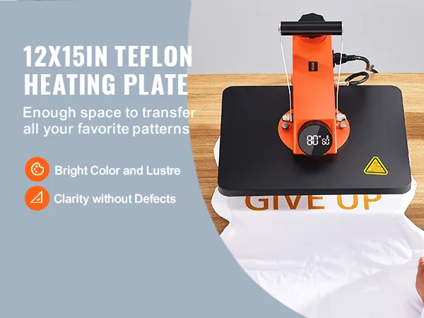 Máquina de prensado térmico VEVOR con placa calefactora de teflón de 12 x 15 pulgadas, que muestra el proceso de transferencia de camisetas.