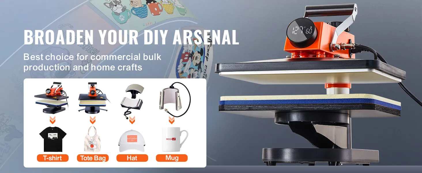 Máquina de prensado térmico VEVOR para camisetas, bolsas de mano, gorras y tazas. Ideal para uso comercial y doméstico.