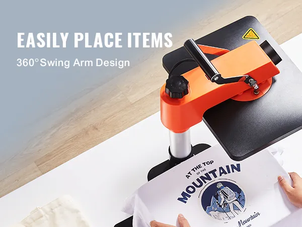 Máquina de prensado térmico VEVOR con diseño de brazo oscilante de 360°, que presiona una camiseta sobre una mesa blanca.