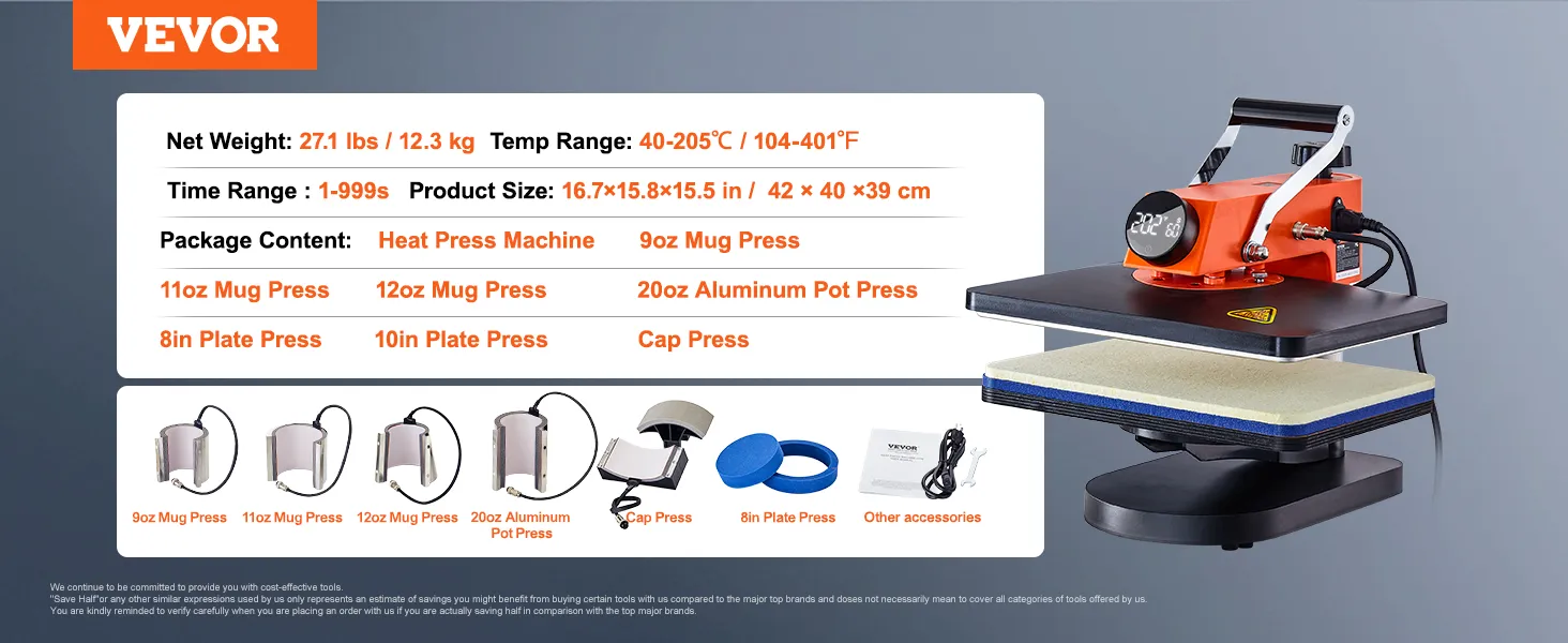 VEVOR heat press machine showing net weight, temperature range, time range, and various accessories.