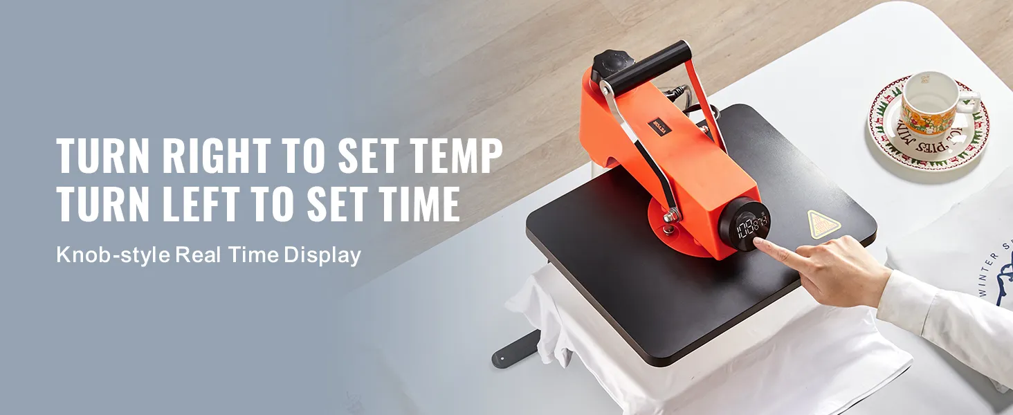 VEVOR heat press machine with orange body, knob-style display, and text instructions.