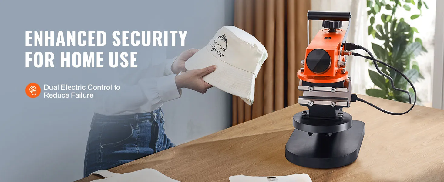 VEVOR heat press machine for home use with hat on table, showcasing dual electric control feature.