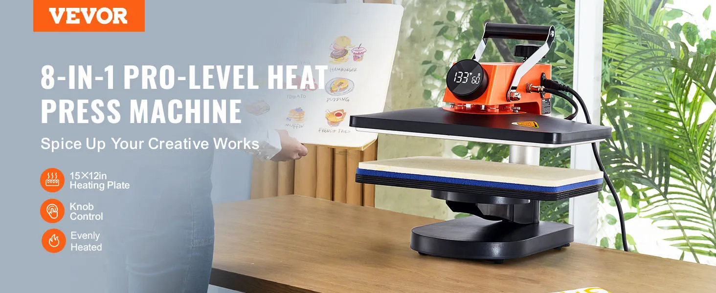 VEVOR heat press machine with 15x12in heating plate, knob control, and digital temperature display.