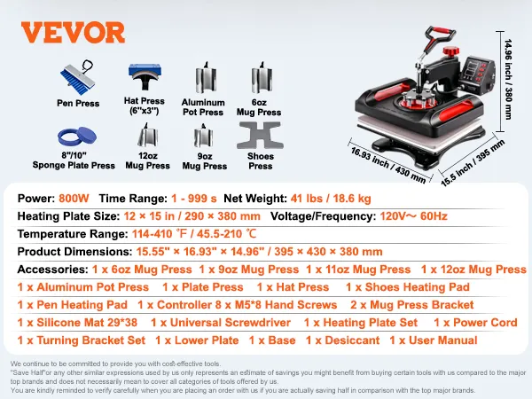 VEVOR heat press machine with 12"x15" plate, multiple accessories, 800w power, 120v.