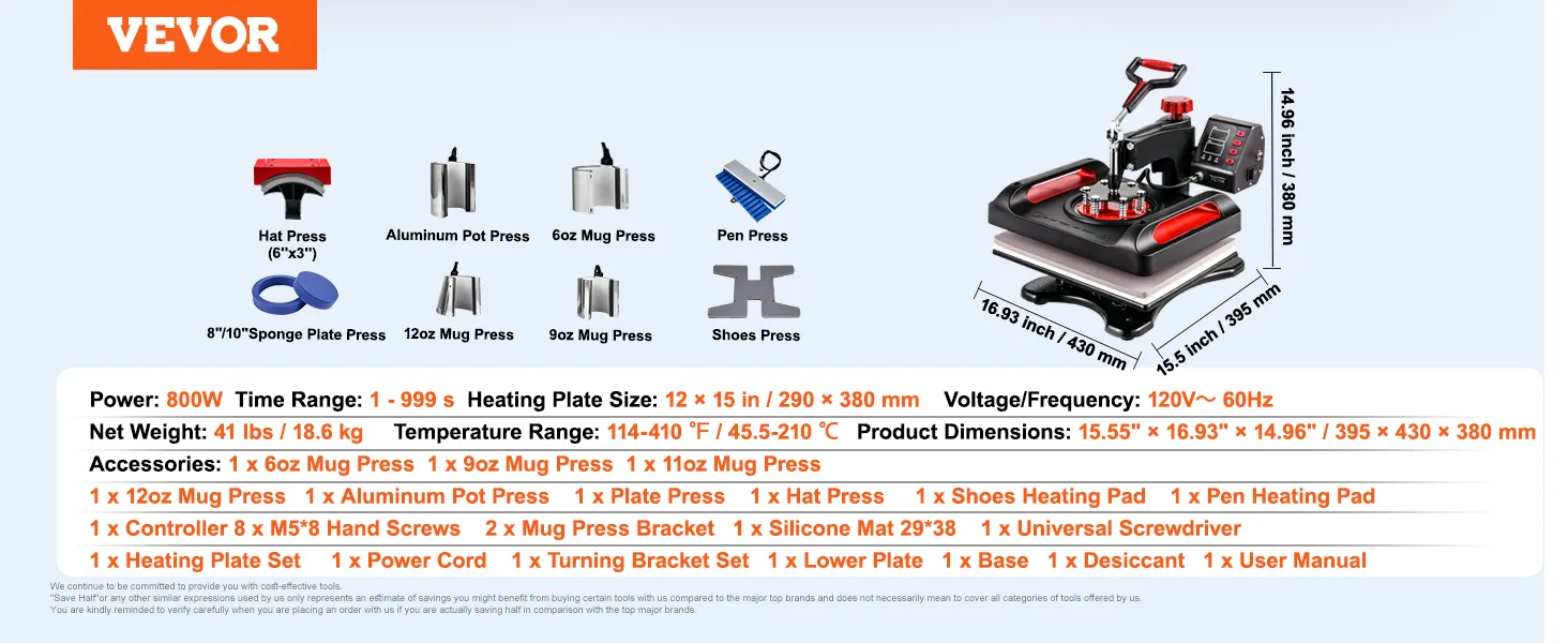 VEVOR heat press machine with 12"x15" plate, multiple accessories, 800w power, 120v.