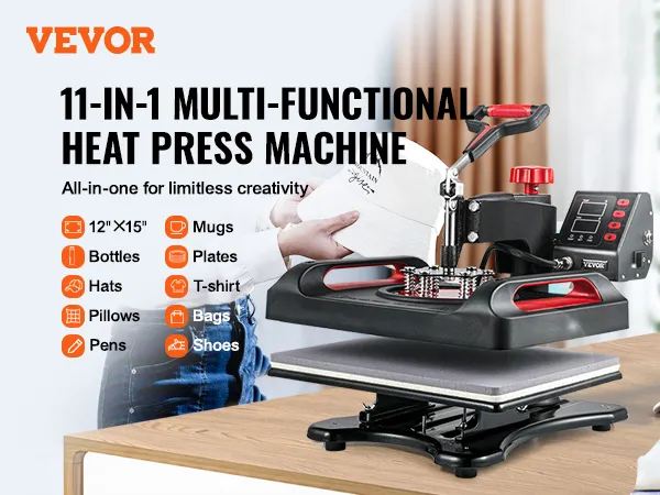 VEVOR heat press machine with accessories for mugs, hats, t-shirts, and more.