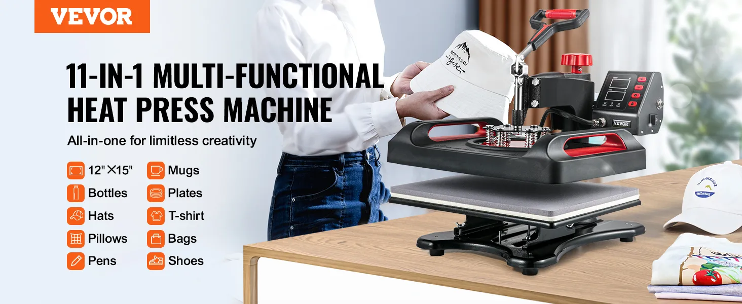 VEVOR heat press machine with accessories for mugs, hats, t-shirts, and more.