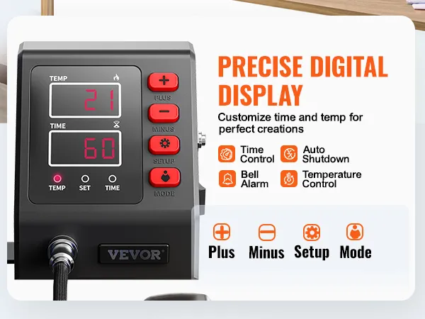 VEVOR heat press machine with precise digital display and control buttons.