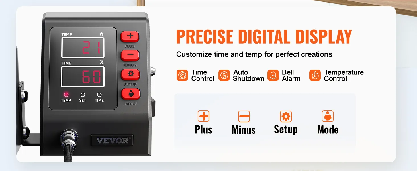 VEVOR heat press machine with precise digital display and control buttons.