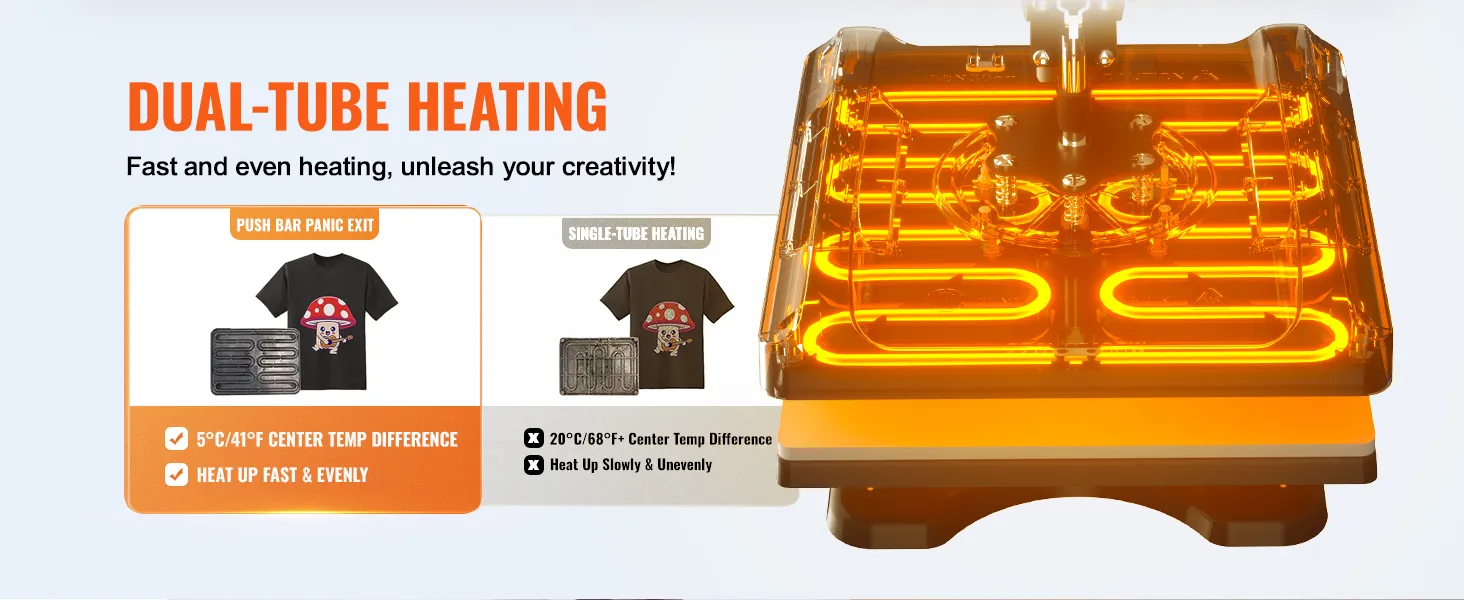 dual-tube heating technology in VEVOR heat press machine, fast and even heat distribution.