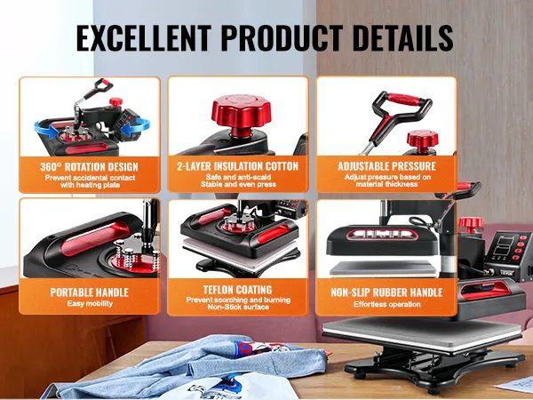 VEVOR heat press machine with adjustable pressure and 360° rotation for easy use.