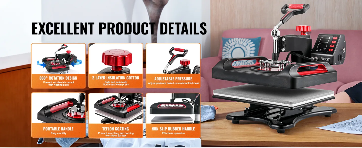 VEVOR heat press machine with adjustable pressure and 360° rotation for easy use.
