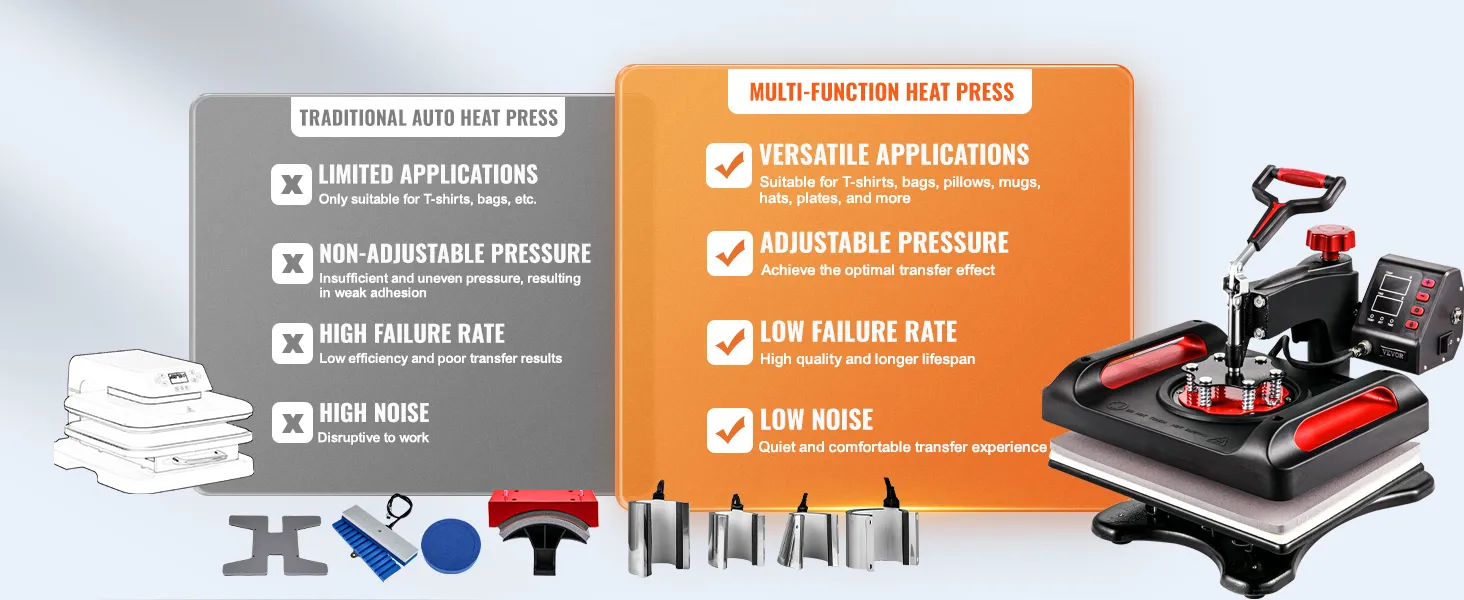 VEVOR heat press machine comparison: multi-function vs. traditional, highlighting features.