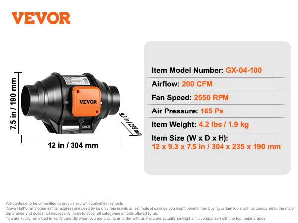 VEVOR inline kanaalventilator gx-04-100, 200 cfm luchtstroom, 2550 tpm, 165 pa druk, 4,2 lbs.