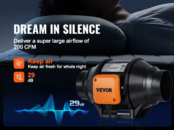 Ventilador de conducto en línea VEVOR que funciona a 29 db y proporciona un flujo de aire de 200 cfm, lo que garantiza un funcionamiento silencioso para un mejor sueño.