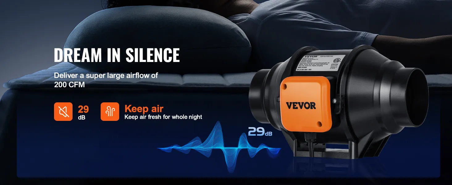 Ventilador de conducto en línea VEVOR que funciona a 29 db y proporciona un flujo de aire de 200 cfm, lo que garantiza un funcionamiento silencioso para un mejor sueño.