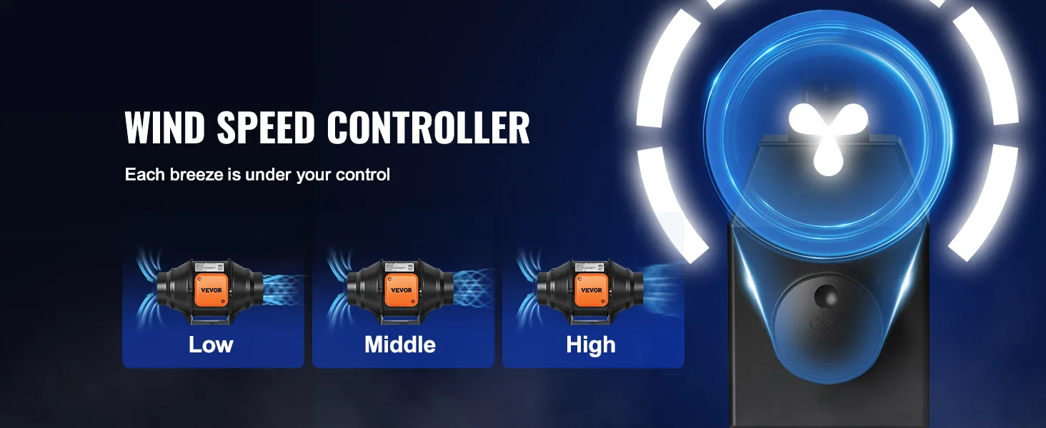 Controlador de velocidad del viento del ventilador de conducto en línea VEVOR que muestra configuraciones baja, media y alta.