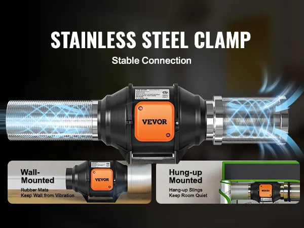 Ventilador de conducto en línea VEVOR con abrazadera de acero inoxidable, opciones de montaje en pared y colgado.