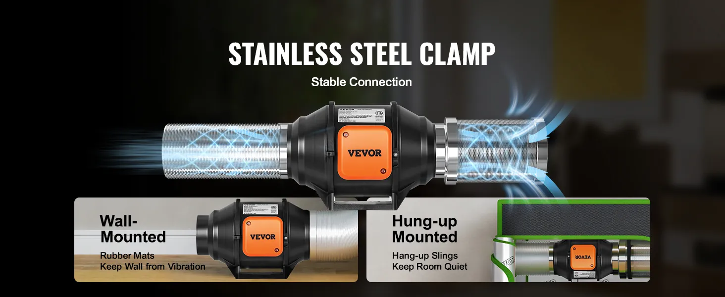 Ventilador de conducto en línea VEVOR con abrazadera de acero inoxidable, opciones de montaje en pared y colgado.