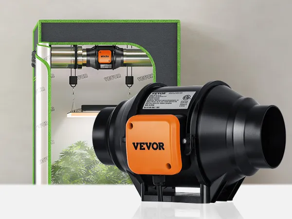 Ventilador de conducto en línea VEVOR mostrado con una configuración de ventilación en una tienda de cultivo de plantas.