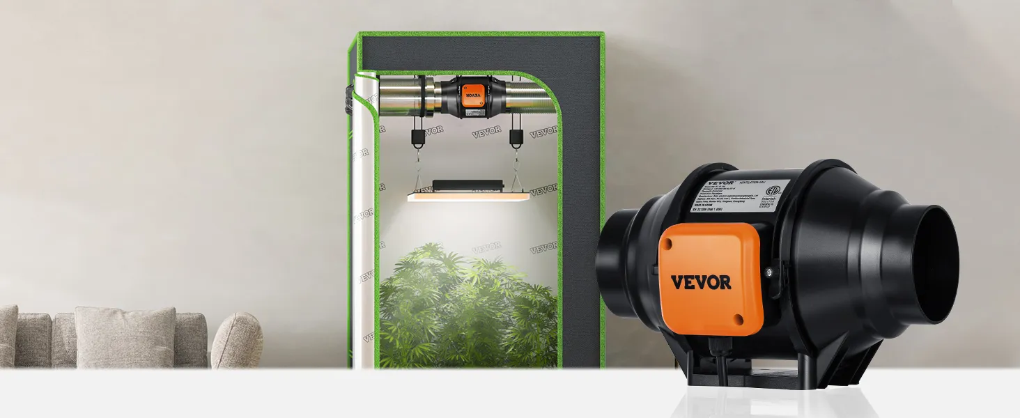 Ventilador de conducto en línea VEVOR mostrado con una configuración de ventilación en una tienda de cultivo de plantas.