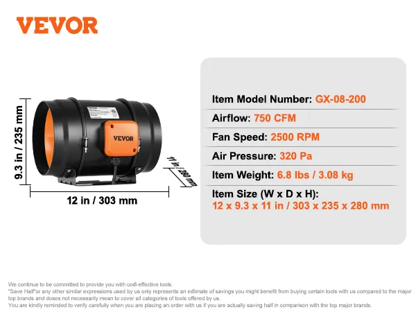 VEVOR inline kanaalventilator gx-08-200, 750 cfm, 2500 tpm, 320 pa, 6,8 lbs, 12 x 9,3 x 11 inch.